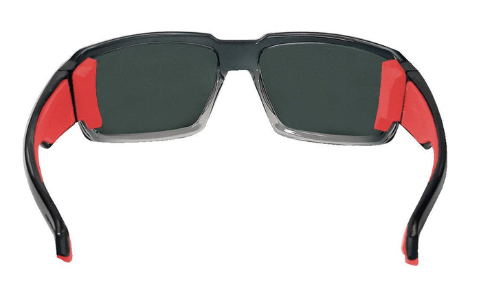 Back view of the red mirror Bomber Boogie Bomb safety sunglasses and temples
