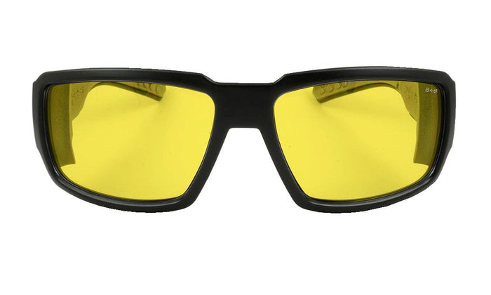Front view of the Bomber Boogie Bomb Z87+ safety glasses with yellow contrast lens