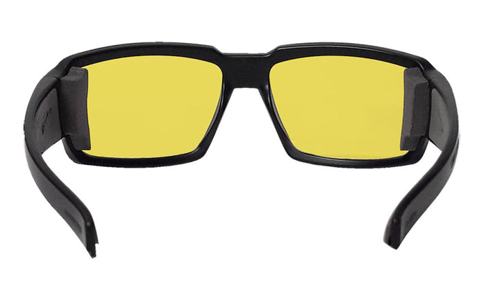 Back view of the yellow lens Bomber Boogie Bomb safety glasses and temples