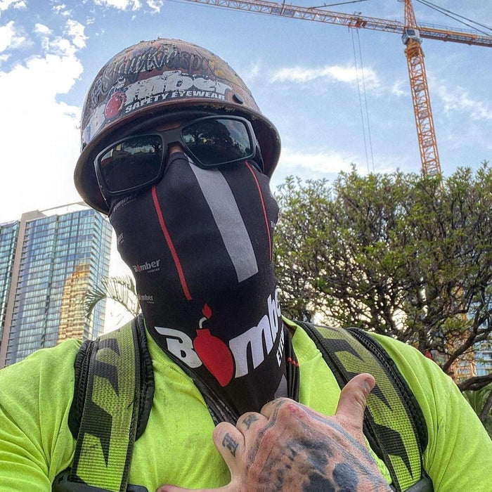 Bomber Boogie Z87+ anti-fog safety glasses shown worn on the job site
