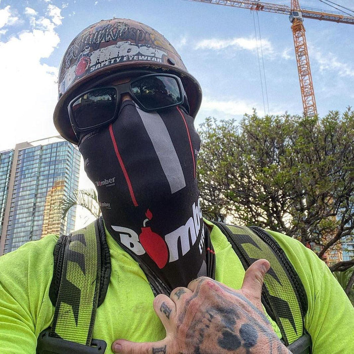 Bomber Boogie smoke safety sunglasses shown worn on the job site
