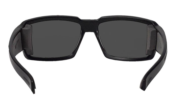 Back view of the smoke lens Bomber Boogie safety sunglasses and temples