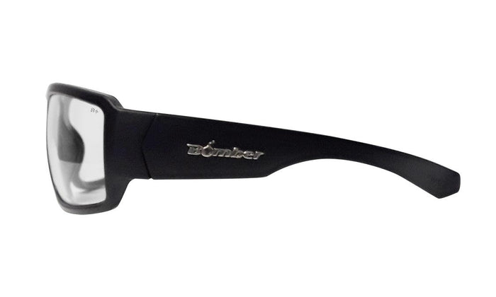 Bomber Boogie Z87 clear safety glasses with the included head strap attached