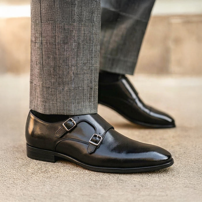 Bourne Leather Double Monk Strap Shoes  - Black