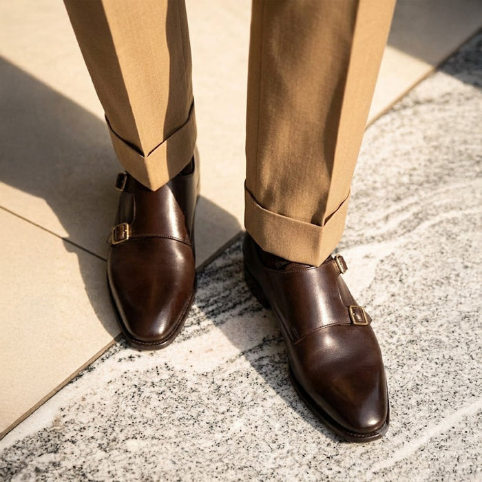 Bourne Leather Double Monk Strap Shoes  - Brown