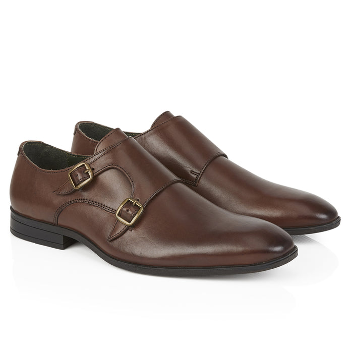 Bourne Leather Double Monk Strap Shoes  - Brown