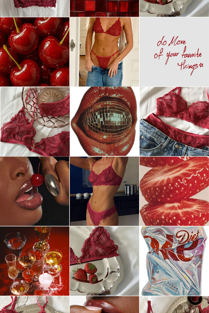 collage rode lingerie met plaatjes met rode details en rood eten en drinken