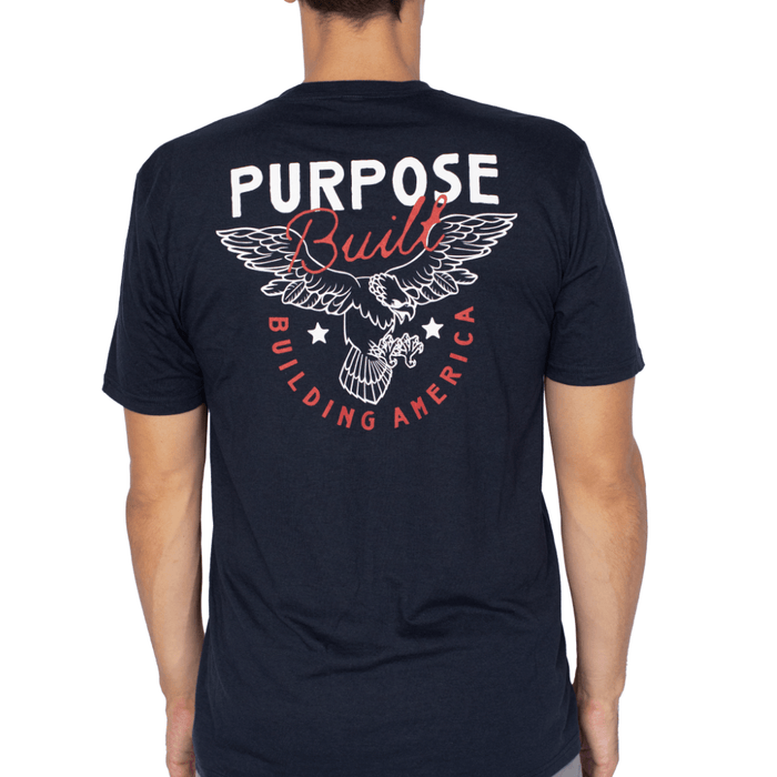 Purpose-Built Building America tee in true navy, back view of the print