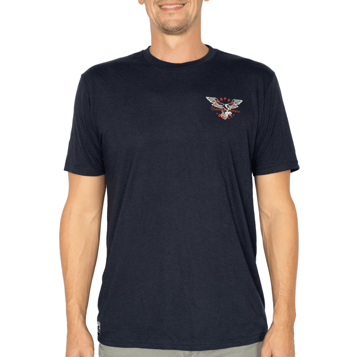Purpose-Built Building America tee in true navy, front view of the graphic