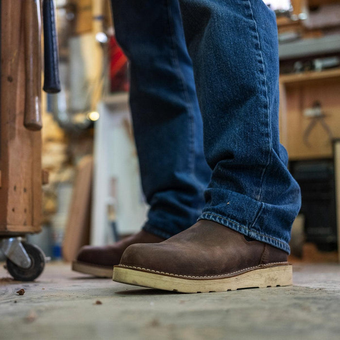 Danner Bull Run Chelsea boot in brown, alternate view of the leather upper and wedge sole