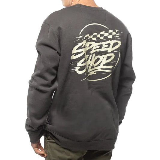 Fasthouse Burner crew neck pullover in shadow shown on a model, back view