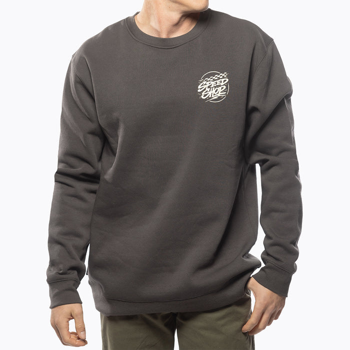Fasthouse Burner crew neck pullover in shadow shown on a model, front view