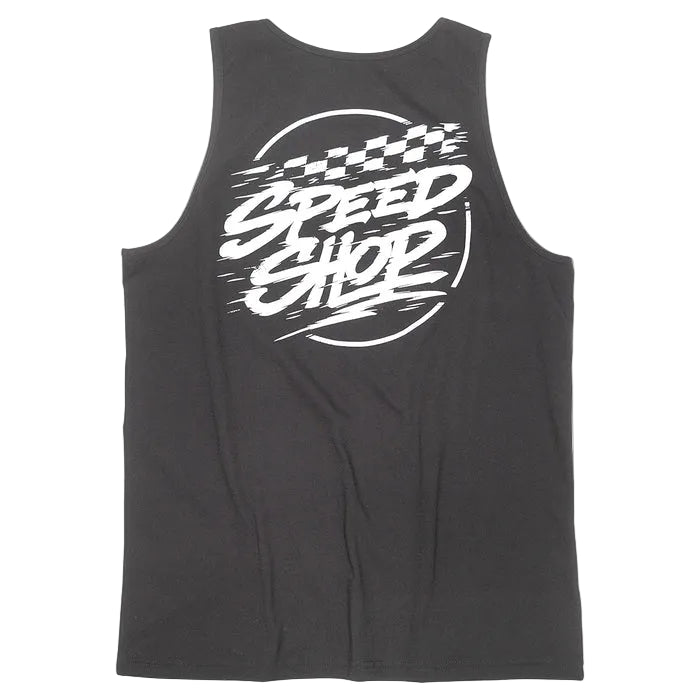 Fasthouse Burner tank top in black, back view of the print