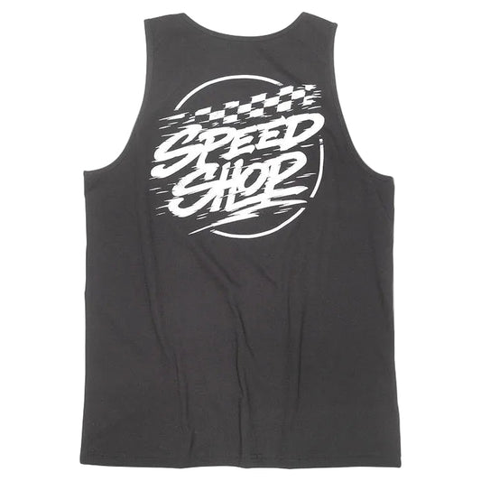 Fasthouse Burner tank top in black, back view of the print