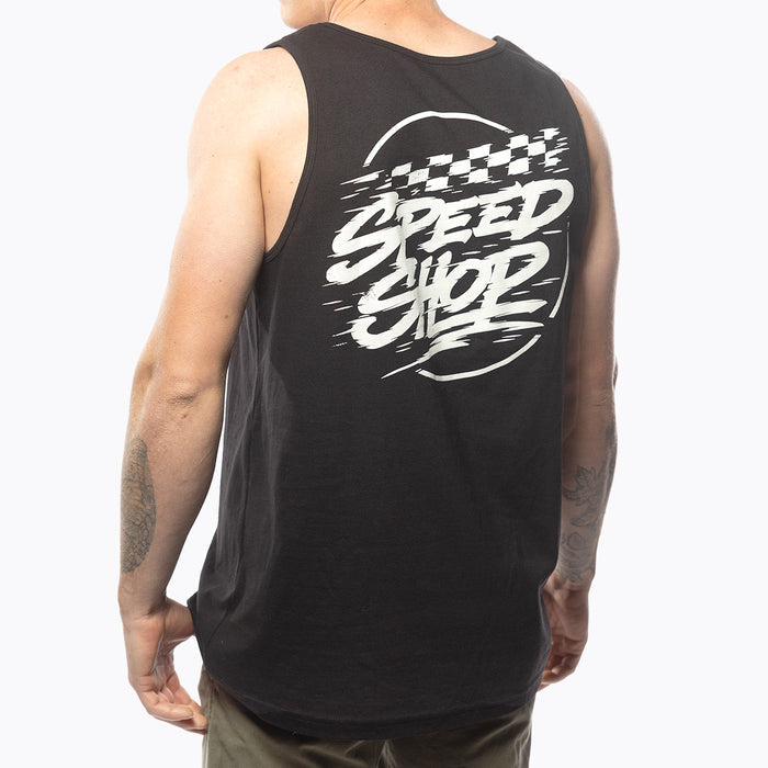 Fasthouse Burner tank top in black shown on a model, back view