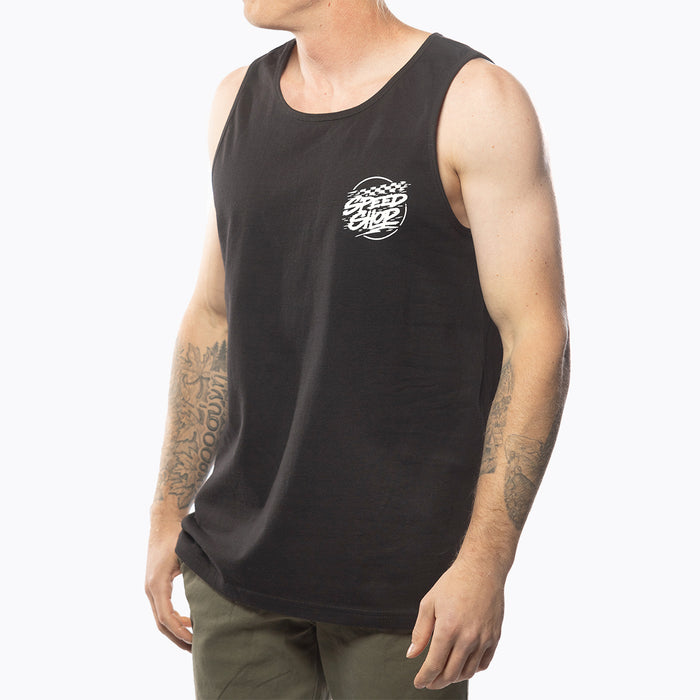 Fasthouse Burner tank top in black shown on a model, front view