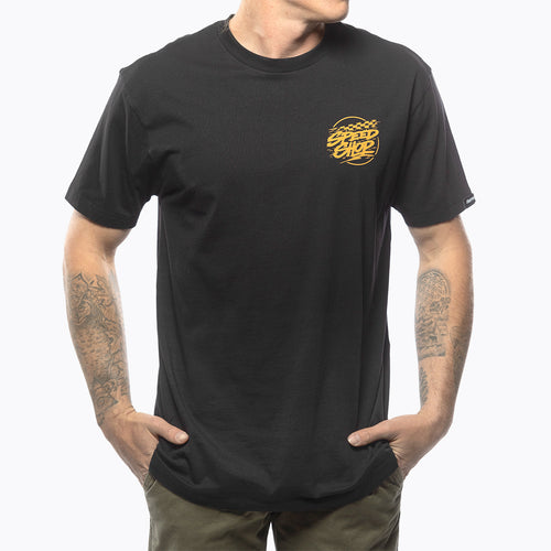Fasthouse Burner tee in black shown on a model, front view