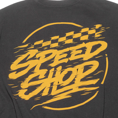 Fasthouse Burner tee in black, close-up detail of the graphic