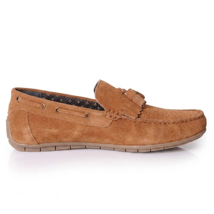 Button Suede Leather Driving Loafers - Tan
