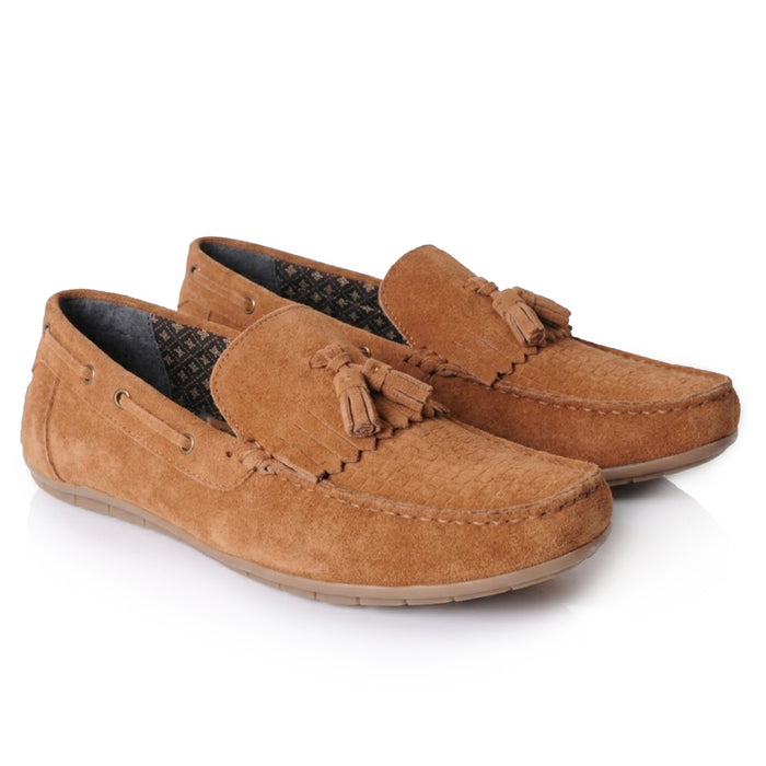 Button Suede Leather Driving Loafers - Tan