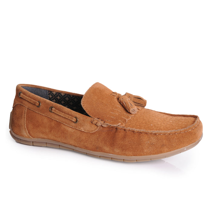 Button Suede Leather Driving Loafers - Tan
