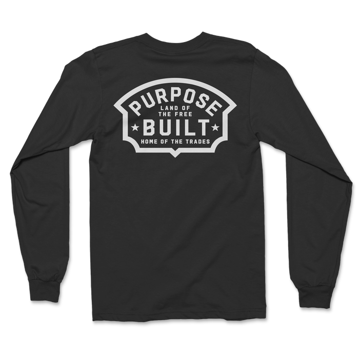 Purpose-Built Cadillac long sleeve tee in jet black, back view of the print