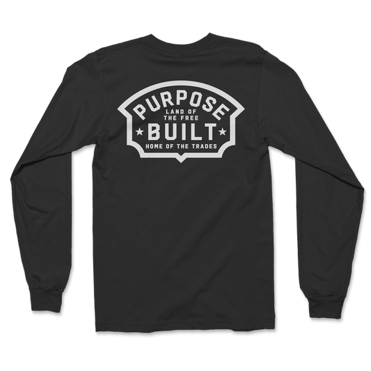 Purpose-Built Cadillac long sleeve tee in jet black, back view of the print