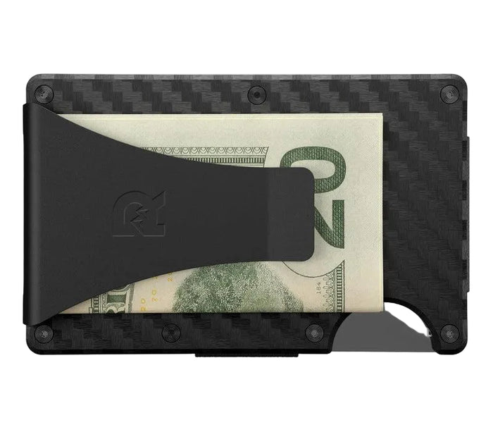Back view of the 3k carbon fiber Ridge wallet showing the integrated money clip