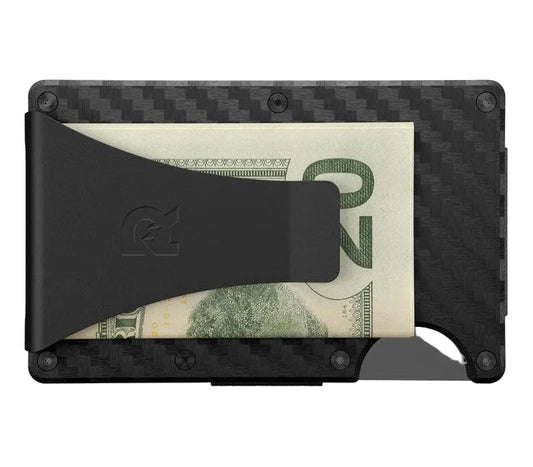 Back view of the 3k carbon fiber Ridge wallet showing the integrated money clip