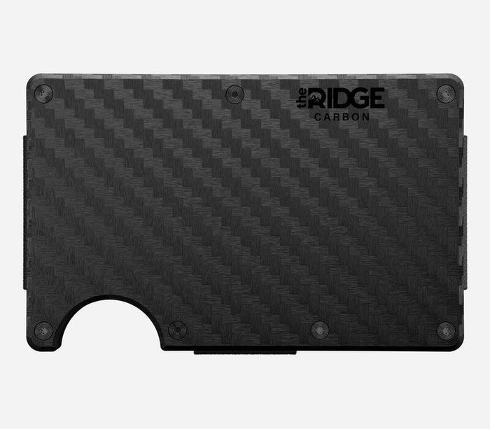 Ridge 3k carbon fiber money clip wallet, front view with cards fanned out