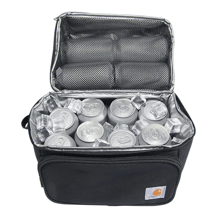 Carhartt black insulated lunch cooler, view of the adjustable shoulder strap