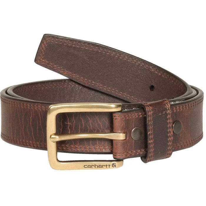 Carhartt brown leather belt with engraved buckle and oil rubbed bronze finish, sizes to 52