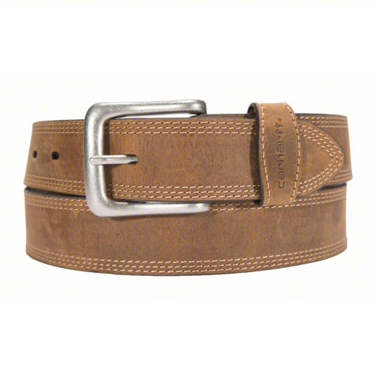 Carhartt brown leather triple stitch belt with antique nickel buckle, sizes to 54