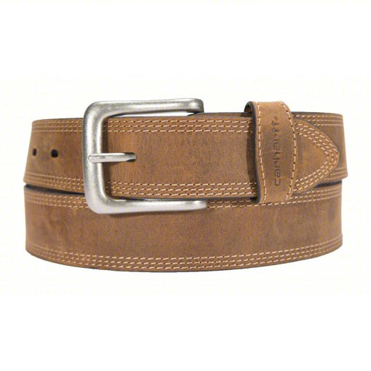 Carhartt brown leather triple stitch belt with antique nickel buckle, sizes to 54