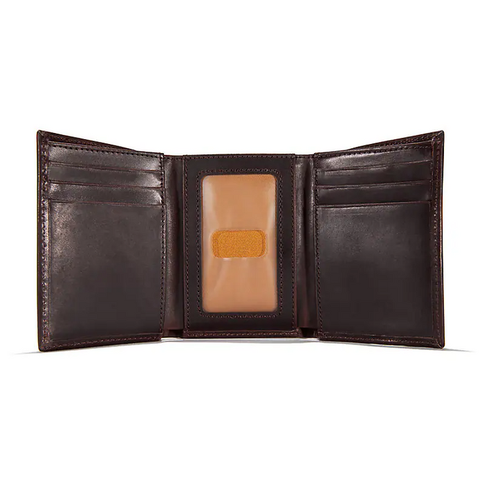 Carhartt oil tan trifold wallet in brown, additional view of the leather grain