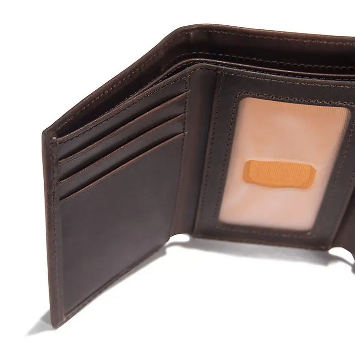 Brown Carhartt oil tan leather trifold wallet, further product view