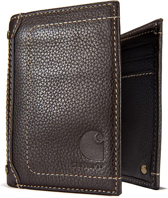 Carhartt pebble leather trifold wallet in brown with multiple card slots