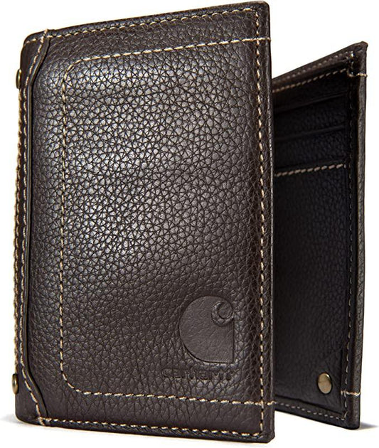Carhartt pebble leather trifold wallet in brown with multiple card slots