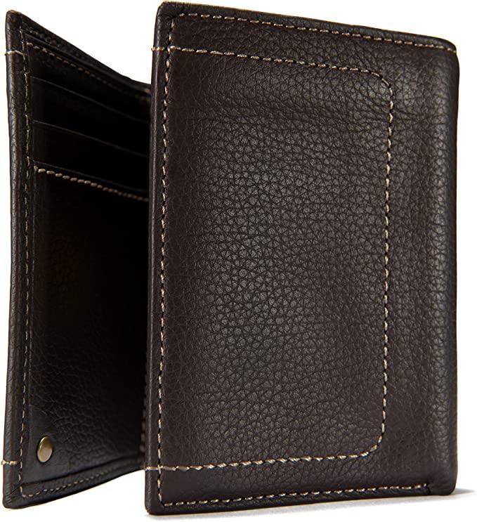 Carhartt pebble leather trifold wallet in brown, additional view of the leather texture