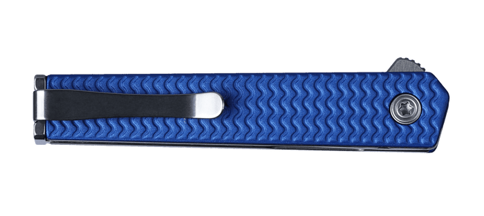 CRKT CEO Microflipper sheepsfoot folding knife in blue, view of the flipper tab