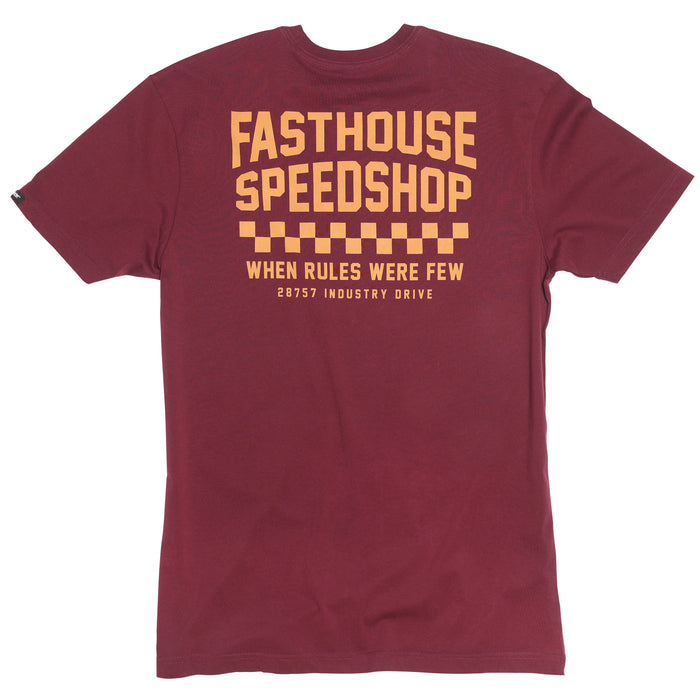 Fasthouse Chalet short sleeve tee in maroon, back view of the print
