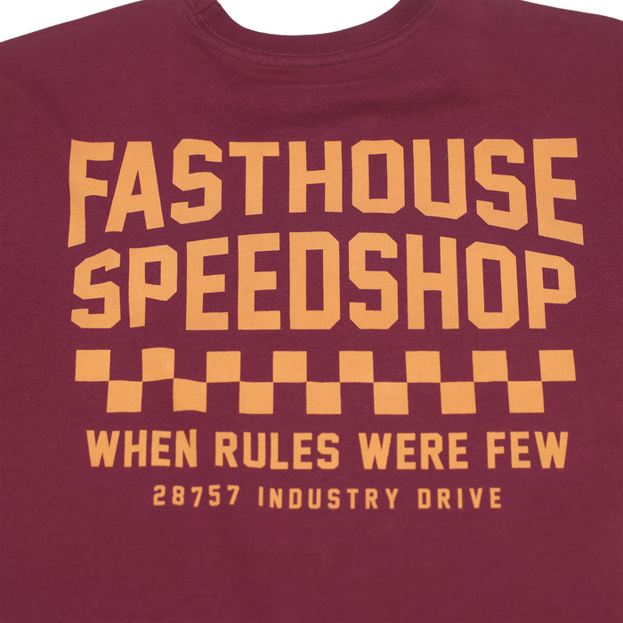 Fasthouse Chalet tee in maroon, close-up detail of the graphic