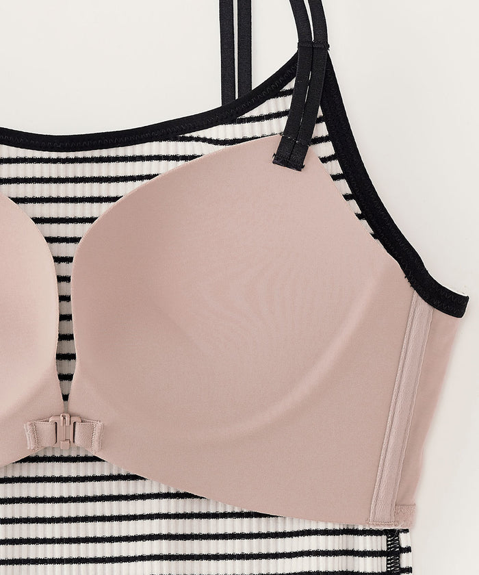 Chomori Border-Ribbed Front-Hook Wireless Maximum Boost Built-In Bra Camisole