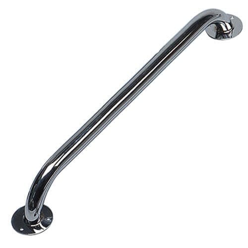 Full view of Chrome Plated Grab Rail grab rail with circular wall plates and a textured grip, designed to provide support in bathrooms and other areas.