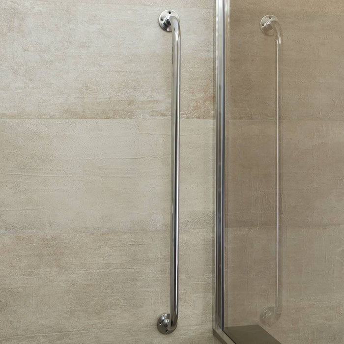 Full view of Chrome Plated Grab Rail grab rail with circular wall plates and a textured grip, designed to provide support in bathrooms and other areas.