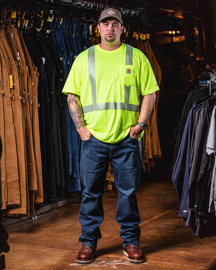 Carhartt Class 2 hi-vis work tee in brite lime with 3M Scotchlite reflective trim detail