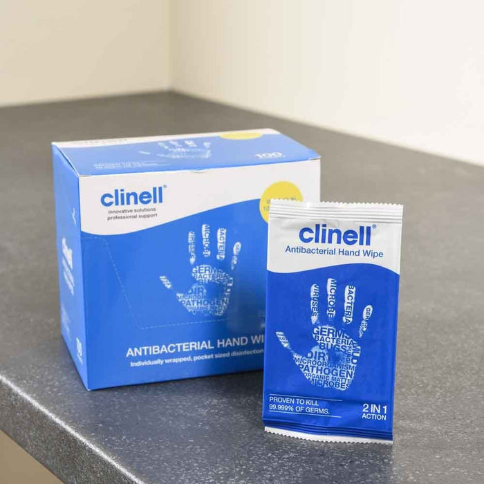 Image of Clinell Antibacterial Hand Wipes on a plain background.
