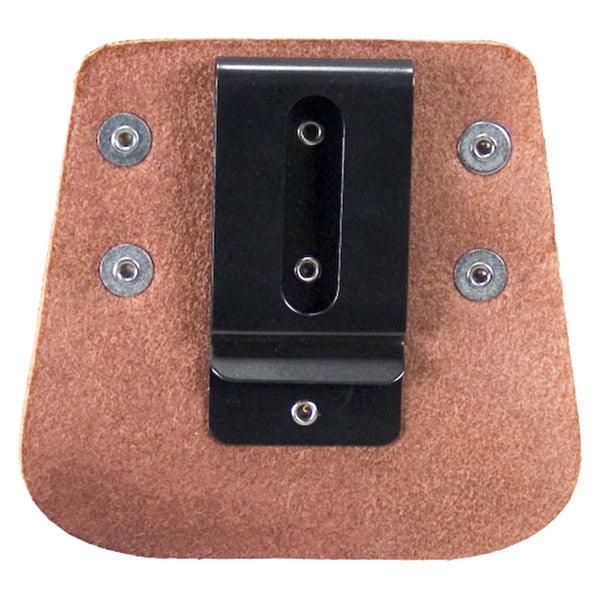 Occidental Leather clip on hammer holder, back view showing the belt clip