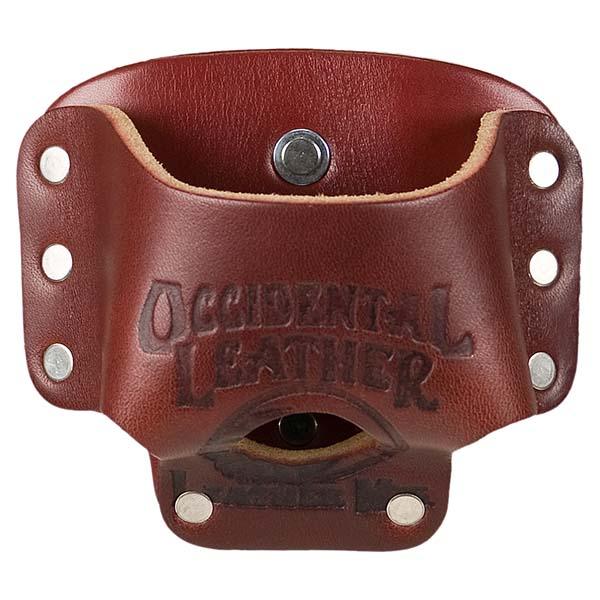 Occidental Leather medium clip-on tape measure holster in tan leather, front view