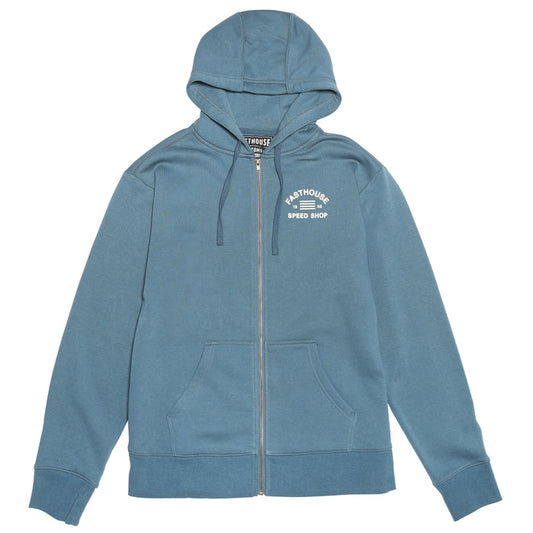 Fasthouse Cobalt hooded zip-up in vintage blue, back view
